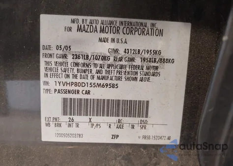 2005 Mazda Mazda6 S Grand Touring z USA, uszkodzony, nr VIN 1YVHP80D155M69585